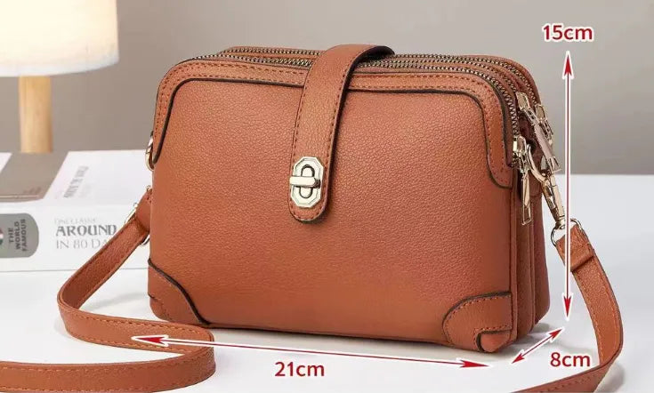 Multi-layer Lychee Pattern Simple Texture Soft Leather Western Style Multi-functional Shoulder Crossbody Small Square Bag