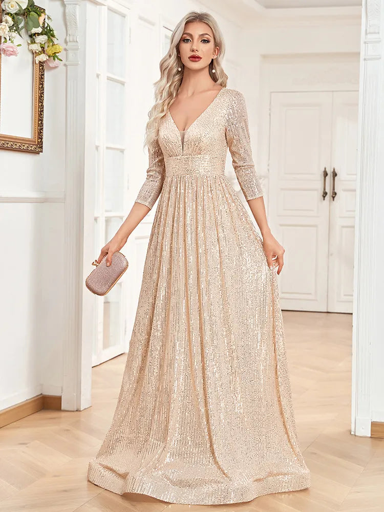 Sequined Fall V-neck High Waist Party Formal Dress