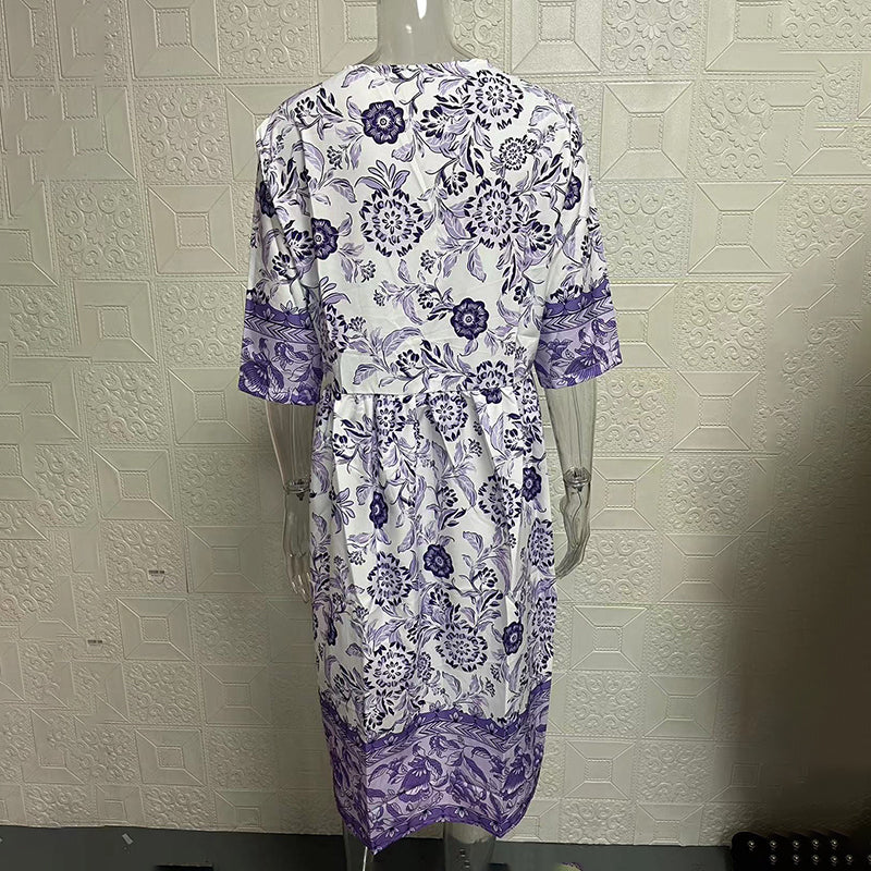 Women's Plus Size V-Neck Floral Print Dress - Loose Fit Casual Spring Summer Dress - Free USA Shipping
