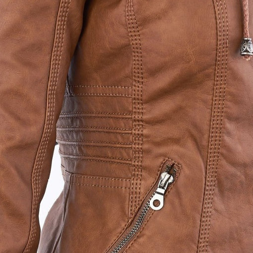 Women's Detachable Lapel Long Sleeve Solid Color Zipper Leather Jacket Coat