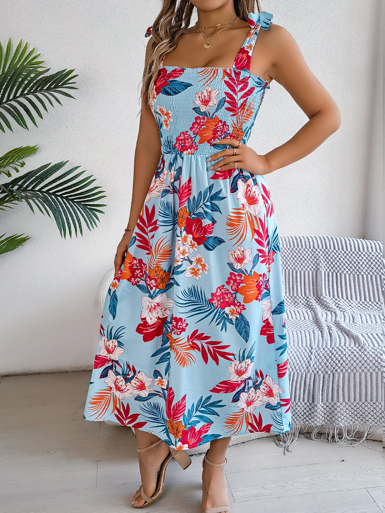 Flowers Print Suspender Corset Dress Ins Fashion Holiday Beach Long Dresses Summer Clothing For Women
