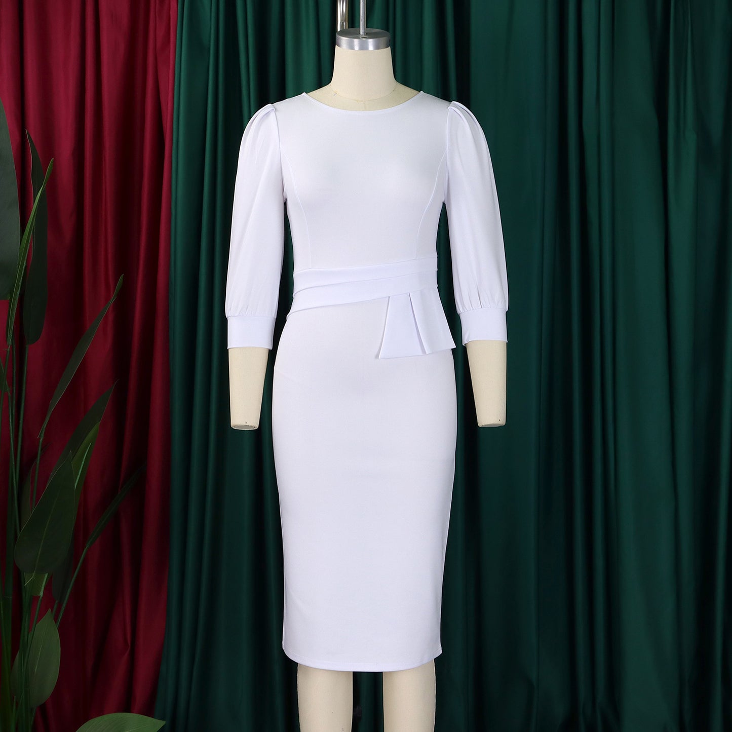 Women's Bodycon Pencil Dress Round Neck 3 /4 th Sleeve Peplum Office Dress - Free USA Shipping