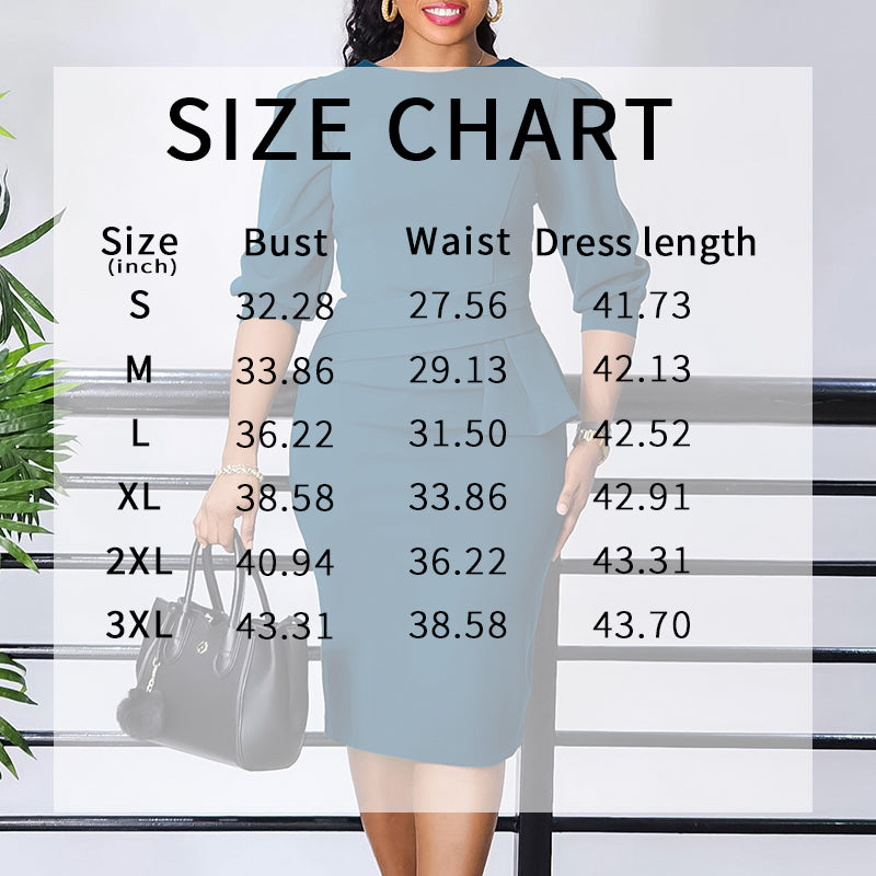 Women's Bodycon Pencil Dress Round Neck 3 /4 th Sleeve Peplum Office Dress - Free USA Shipping