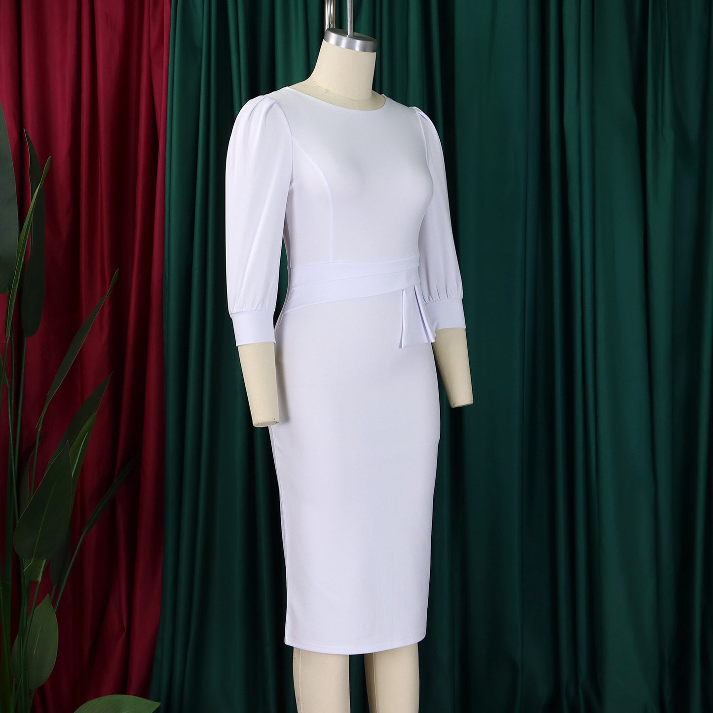 Women's Bodycon Pencil Dress Round Neck 3 /4 th Sleeve Peplum Office Dress - Free USA Shipping