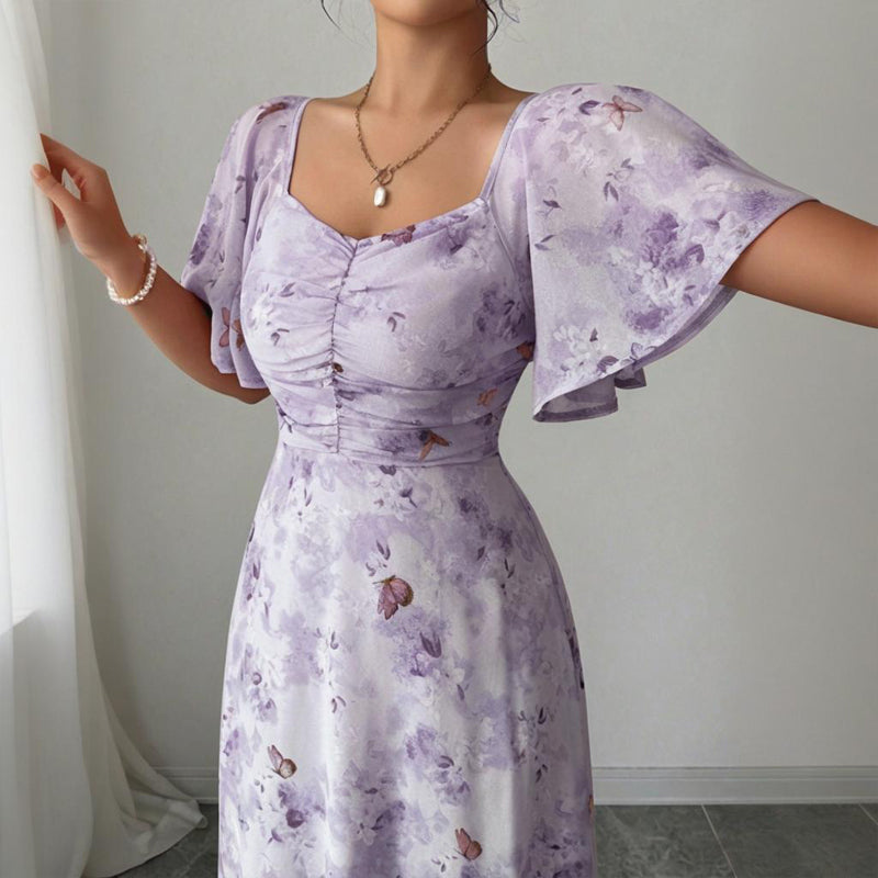 Women's Solid Color Square Neck Short Sleeve Butterfly Print Flowy Dress A-Line Summer Vacation Maxi Dress