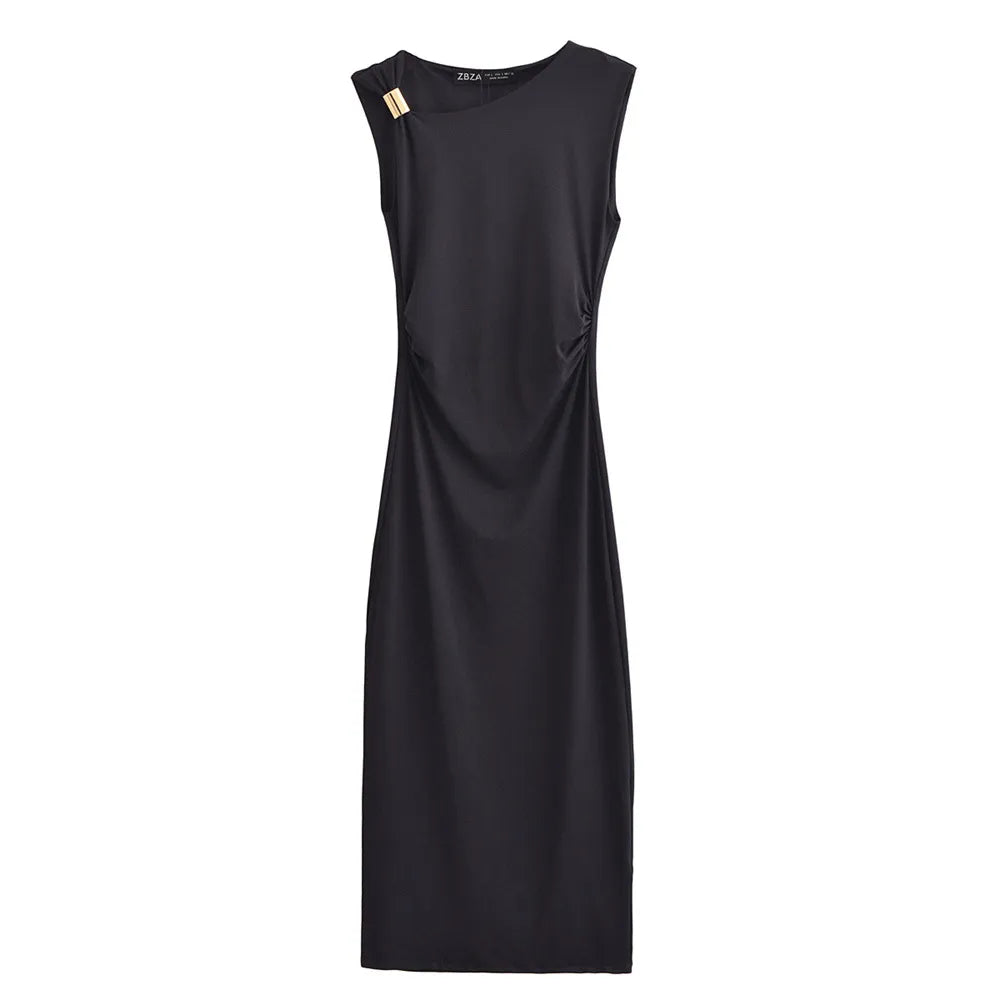 Women's High-grade Satin Sleeveless Pleated Dress