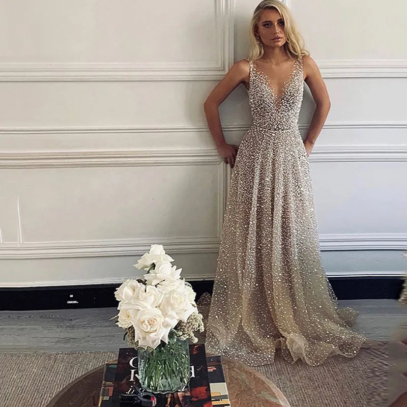 European And American Gold V-neck Dress Sling