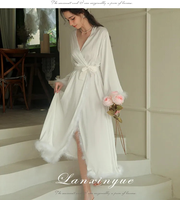 Women's Feather Satin Long Robe