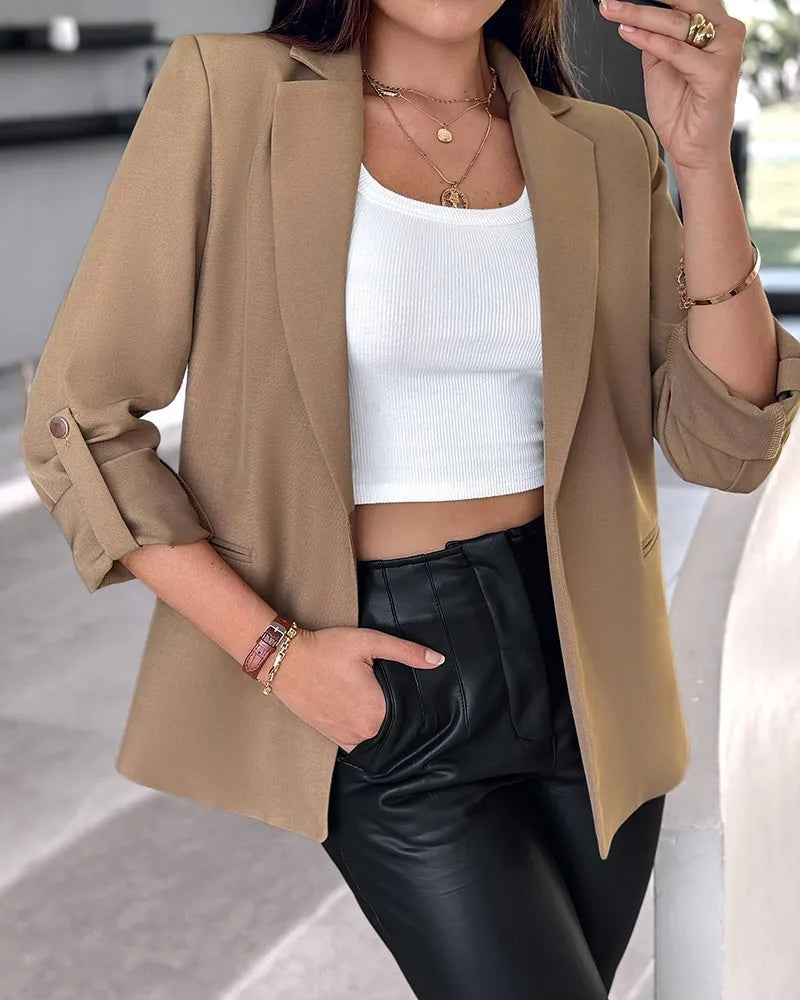 Women's Casual Rolled Sleeves Blazer With Pockets