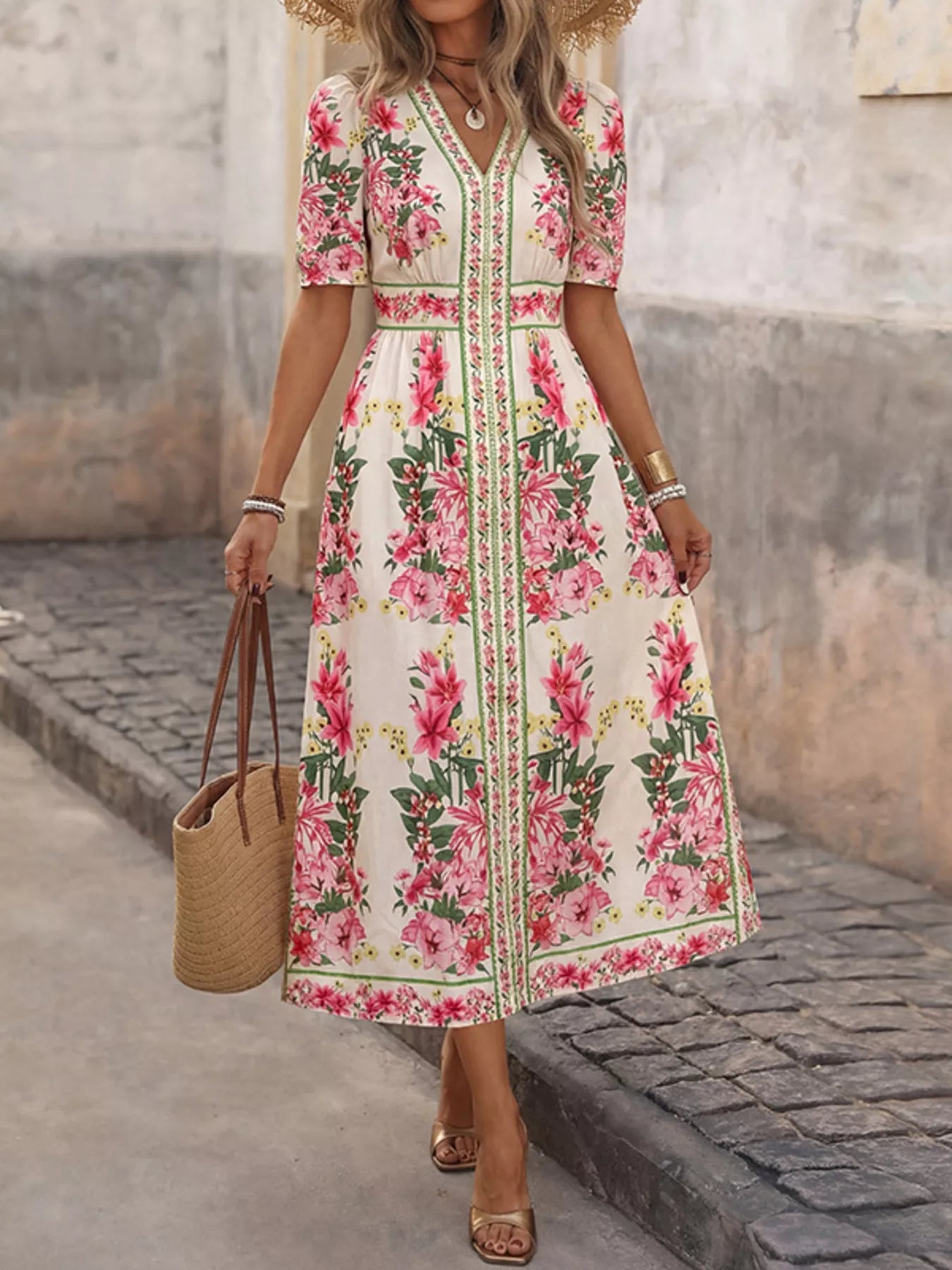 Casual Floral Print V-Neck Midi Dress