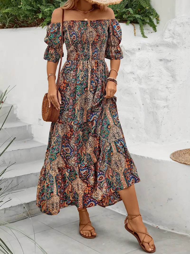 Vacation Style Off-shoulder Princess Sleeves Dress