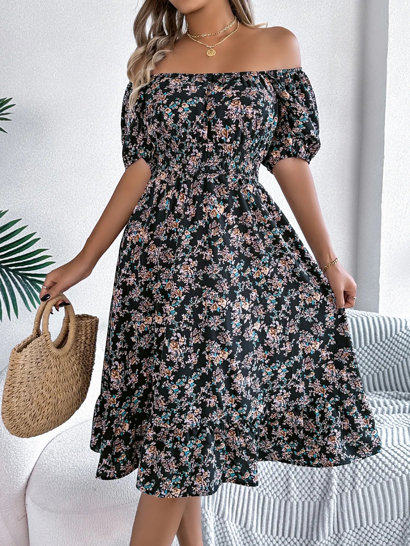 Floral Print Square Collar Dress Summer Fashion Ruffles Dresses Women's Clothing