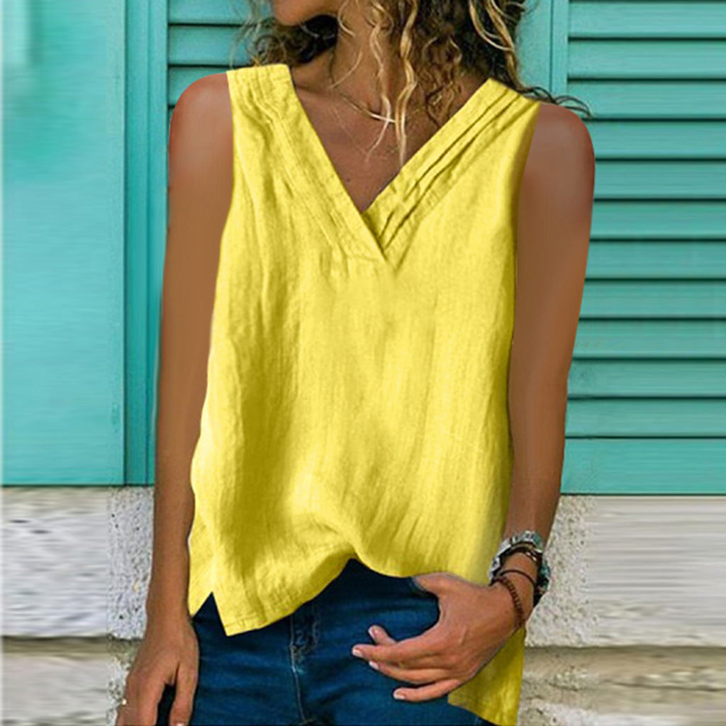Split Sleeveless Cotton And Linen Multi-layer Collar T-shirt