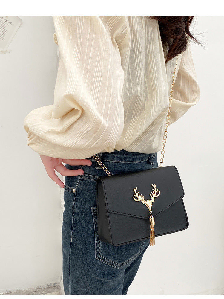 Tassel Deer Head Contrast Color Chain Small Square Leisure Phone Bag