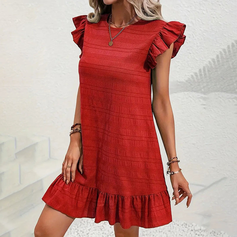 Womens Plus Size Round Neck Solid Dress Falbala Sleeveless Ruffled Summer Dress With Pleated Detail - Free USA Shipping