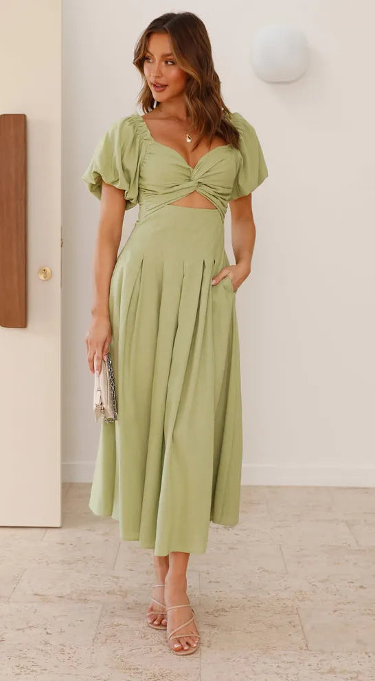 Women's Solid Color And V-neck Long Puff Sleeve Long Slimming Dress