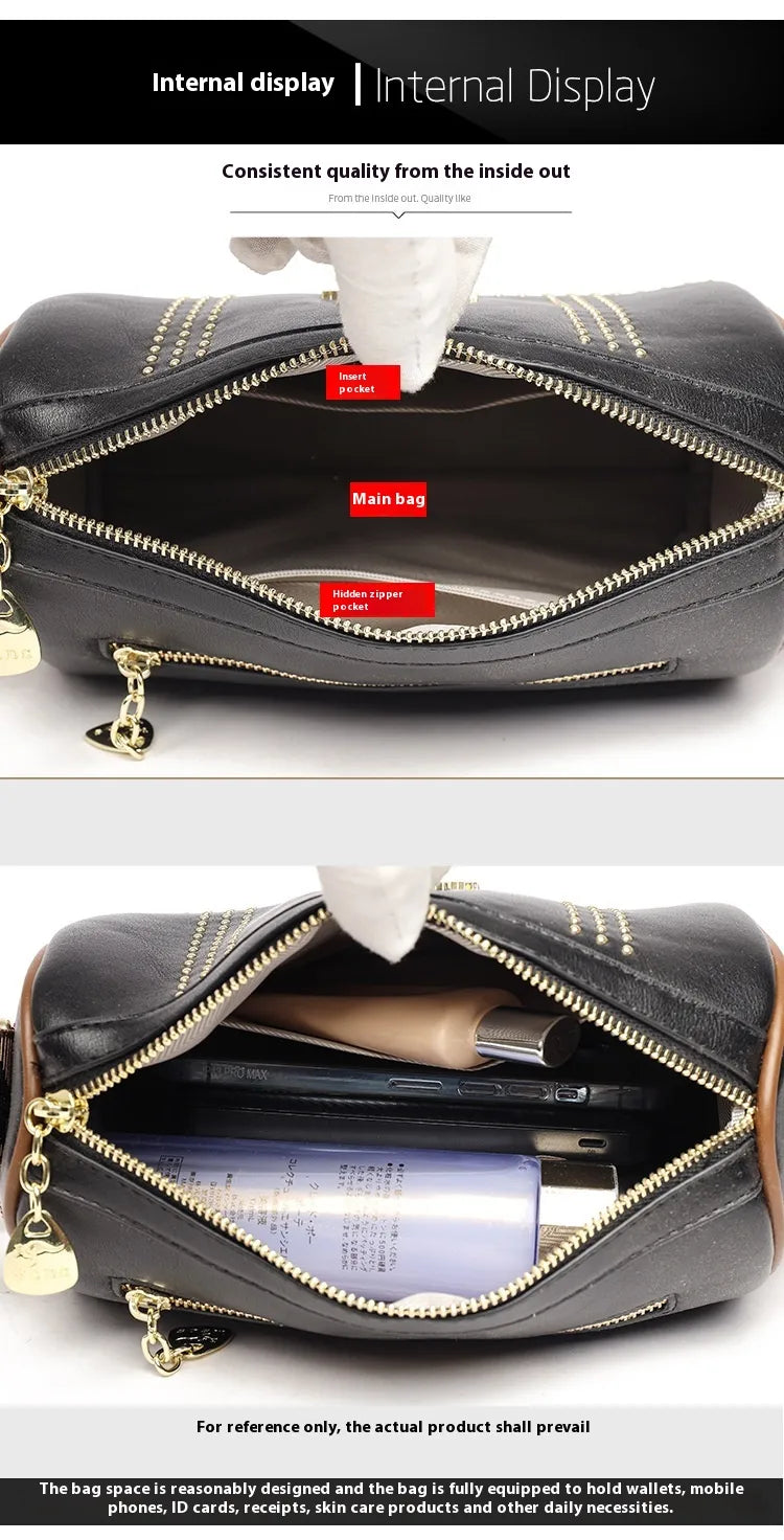 Color Contrast Patchwork Rivet Crossbody Soft Leather Shoulder Bag