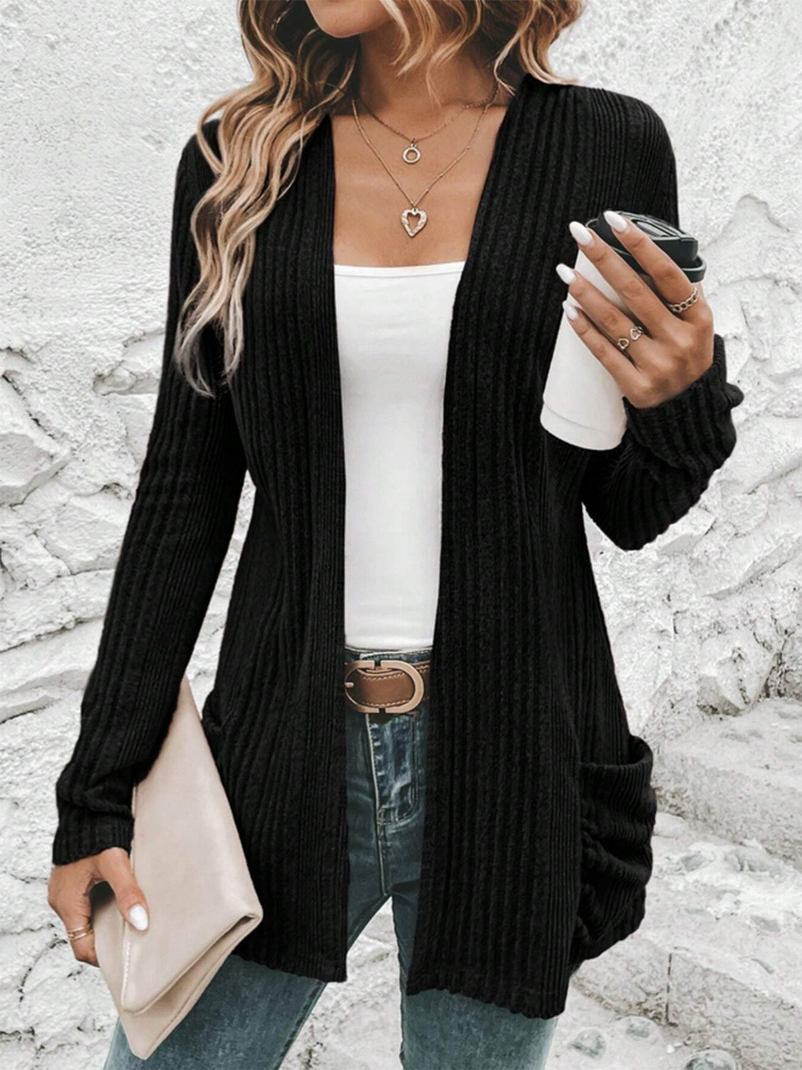 Open Front Long Sleeve Cardigan with Pockets