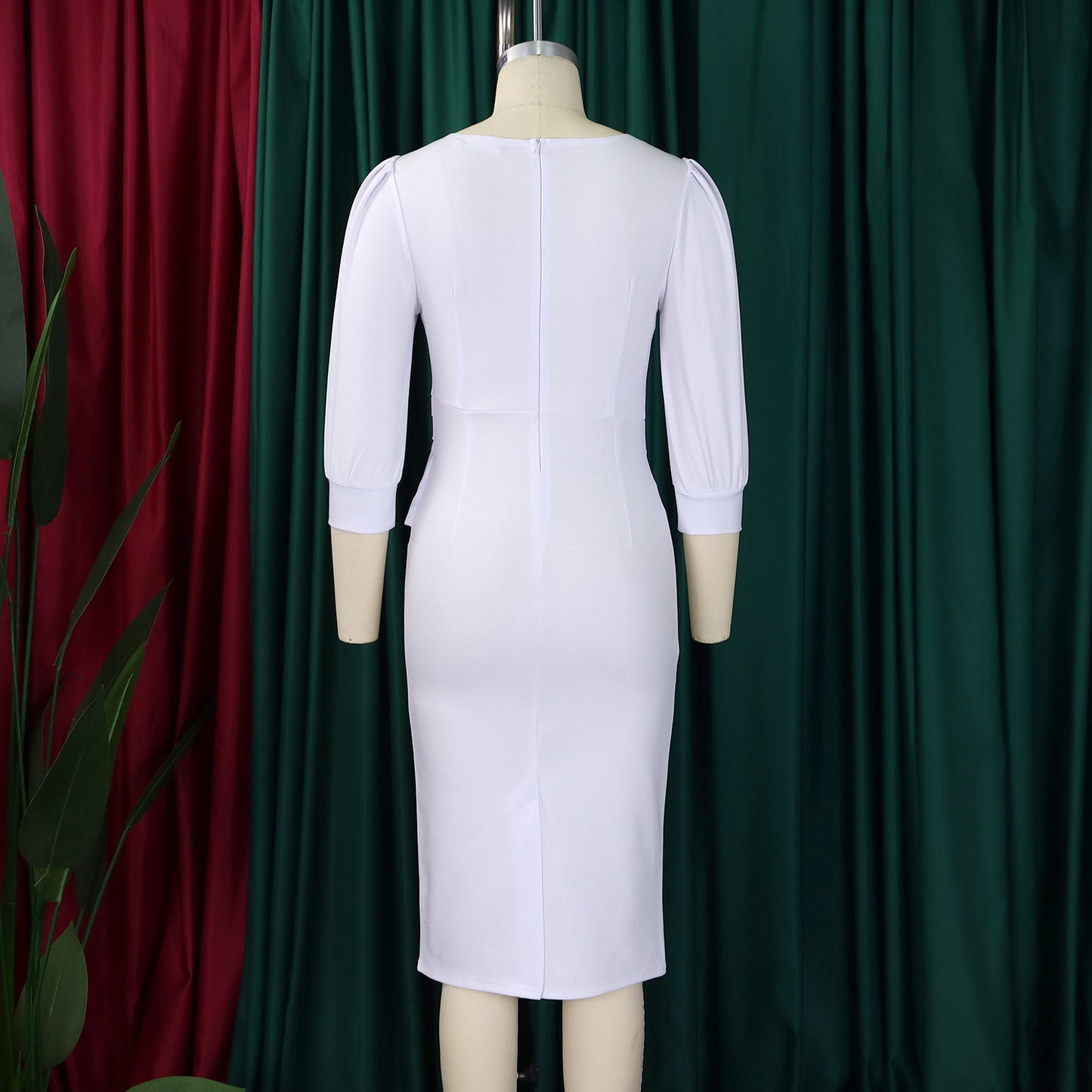 Women's Bodycon Pencil Dress Round Neck 3 /4 th Sleeve Peplum Office Dress - Free USA Shipping