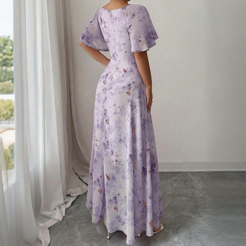 Women's Solid Color Square Neck Short Sleeve Butterfly Print Flowy Dress A-Line Summer Vacation Maxi Dress