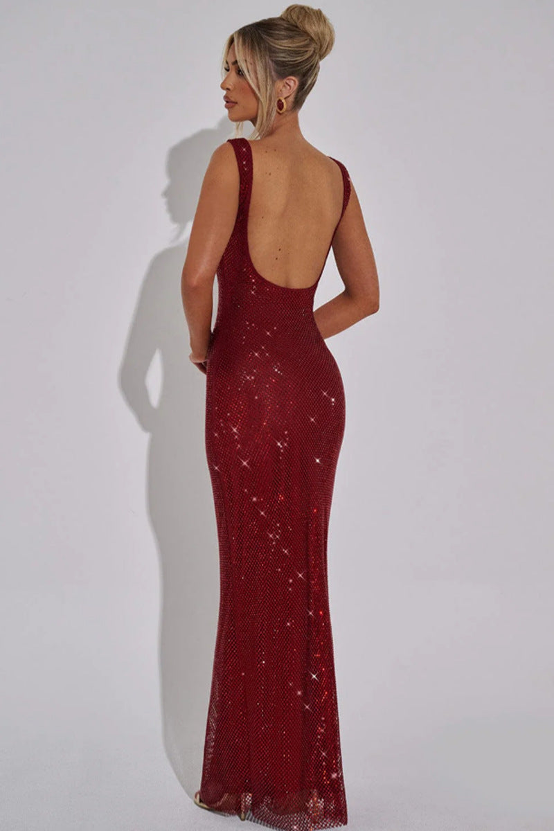 Sexy Double-shoulder Strap Sequins Net Drill Suspenders Dress