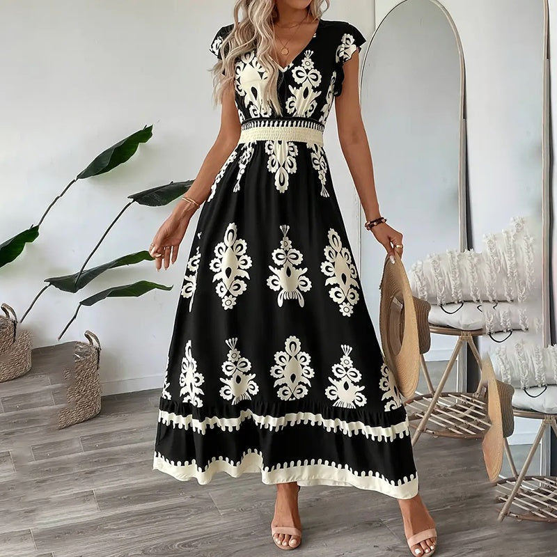 Women's Summer Flowy Maxi Dress Casual Cap Sleeve V Neck Smocked Waist Beach Sundress-FREE USA SHIPPING