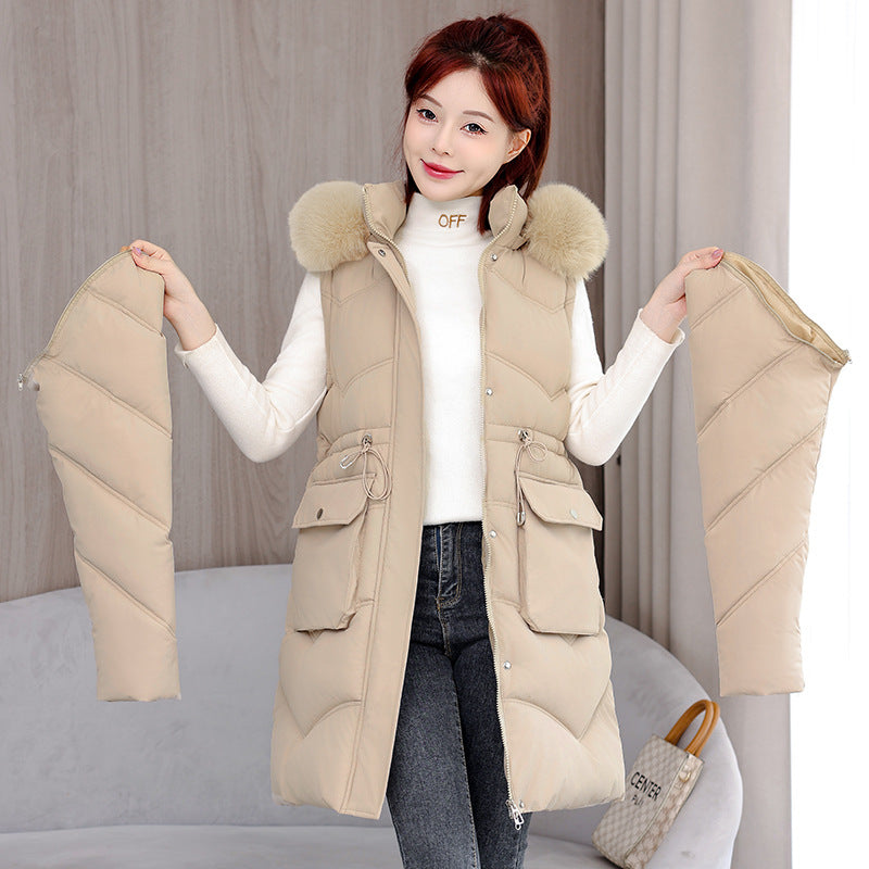 Women's Mid-length Big Fur Collar Hooded Cotton Vest Cotton-padded Jacket