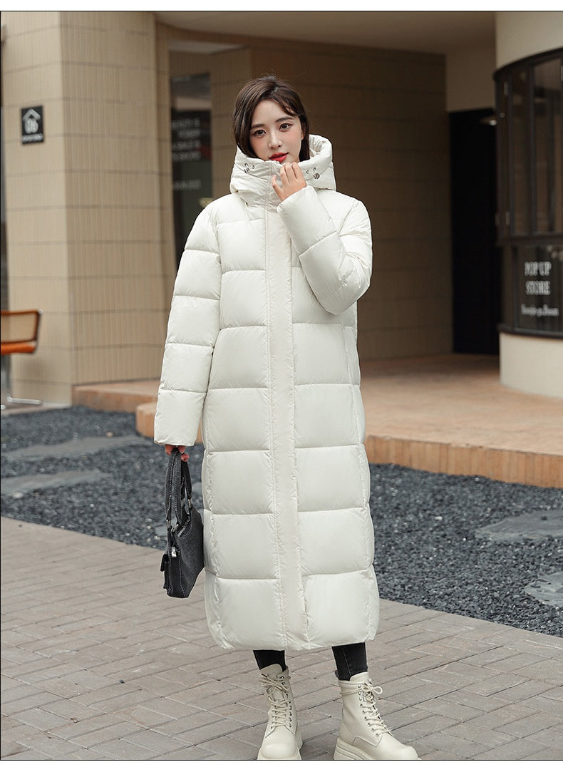 Women's Super Long Down Jacket Winter Puffer Thick Coat Black Red Hooded Zipper Keep Warm Fall Winter Casual Clothes