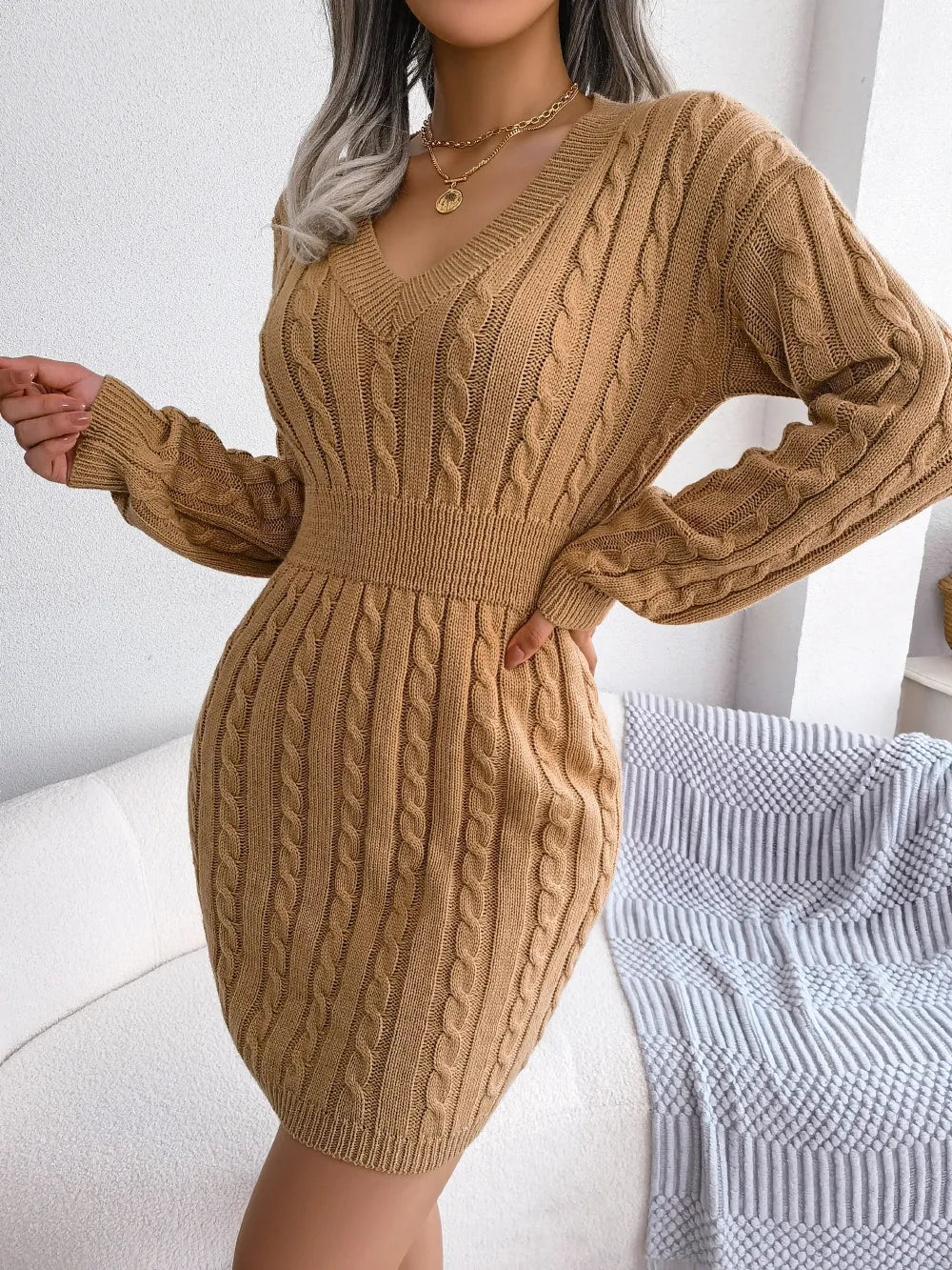 Solid Color V-Neck Long Sleeve Knit Dress Ins Fashion Slim Waisted Hip Dress Womens Clothing
