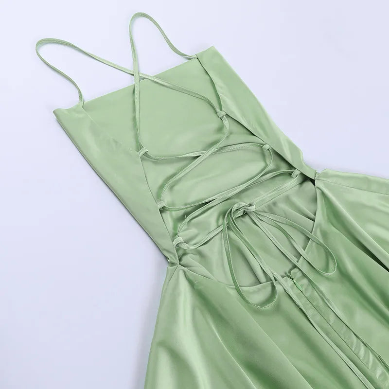 Sexy Suspender Skirt For Women Elegant Slim Strap Satin Backless Lace Up A-Line Short Dress Lady