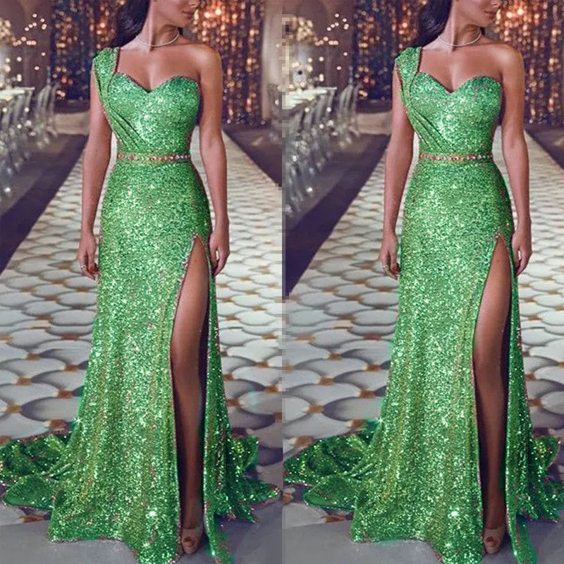 Women's Clothing One-shoulder Sleeveless Bronzing Split Dress