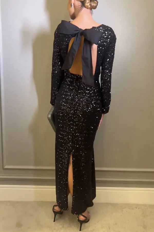 Autumn Winter Sexy Backless Sequined Evening Dress Dress Women