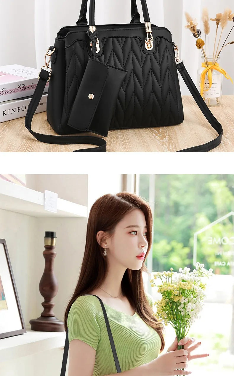 Embroidered Diamond Pattern Fashionable Handbag With Large Capacity