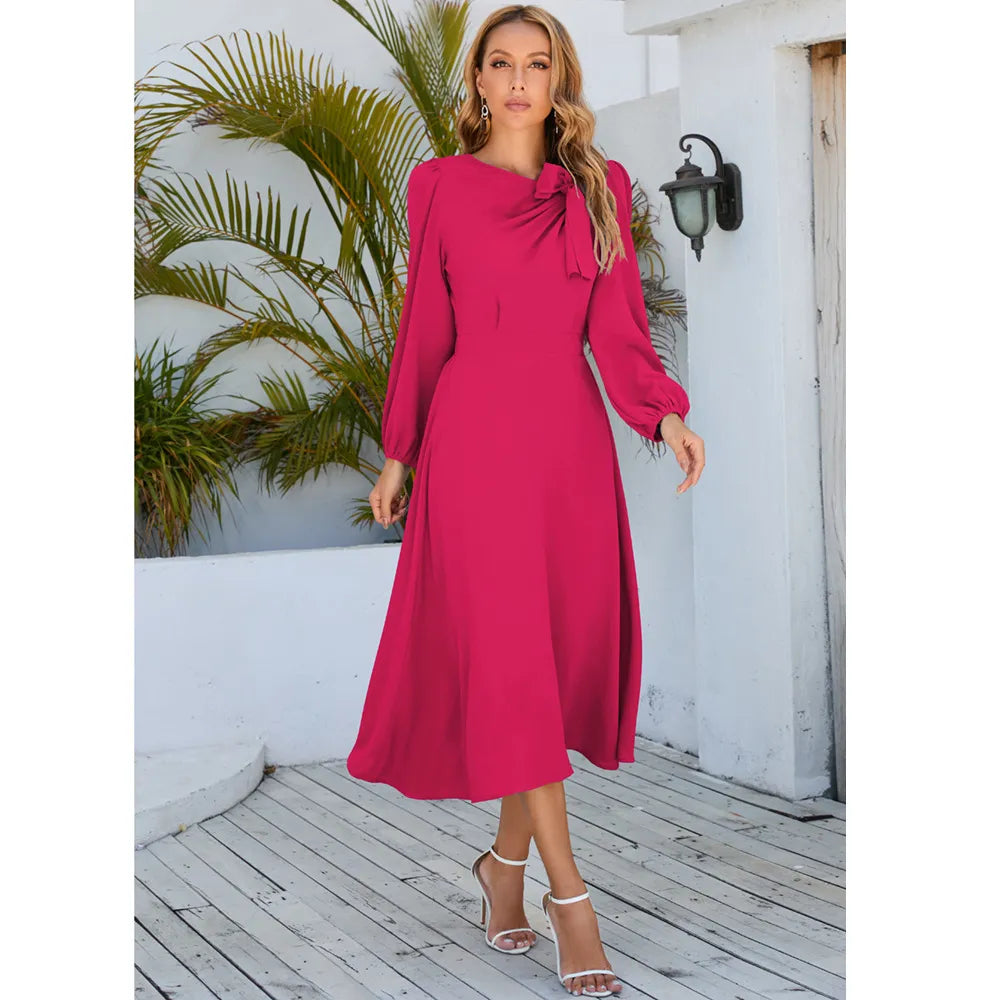 Autumn And Winter Long Sleeve Round Neck Bowknot Dress