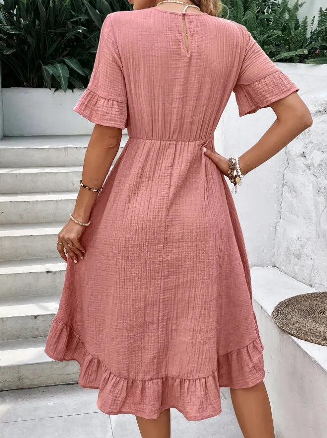 Large Swing Solid Color Waist Tight Casual Pleated Round Neck Flared Short Sleeve Cotton And Linen Dress