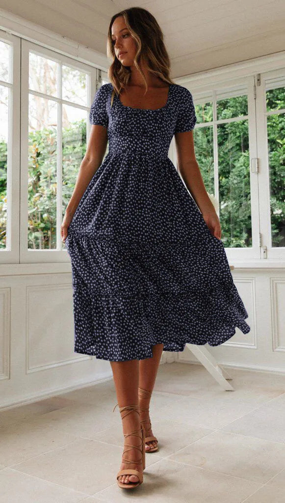 Square Collar Short Sleeve Dress Summer Puff Floral Printed Dress Long Dresses