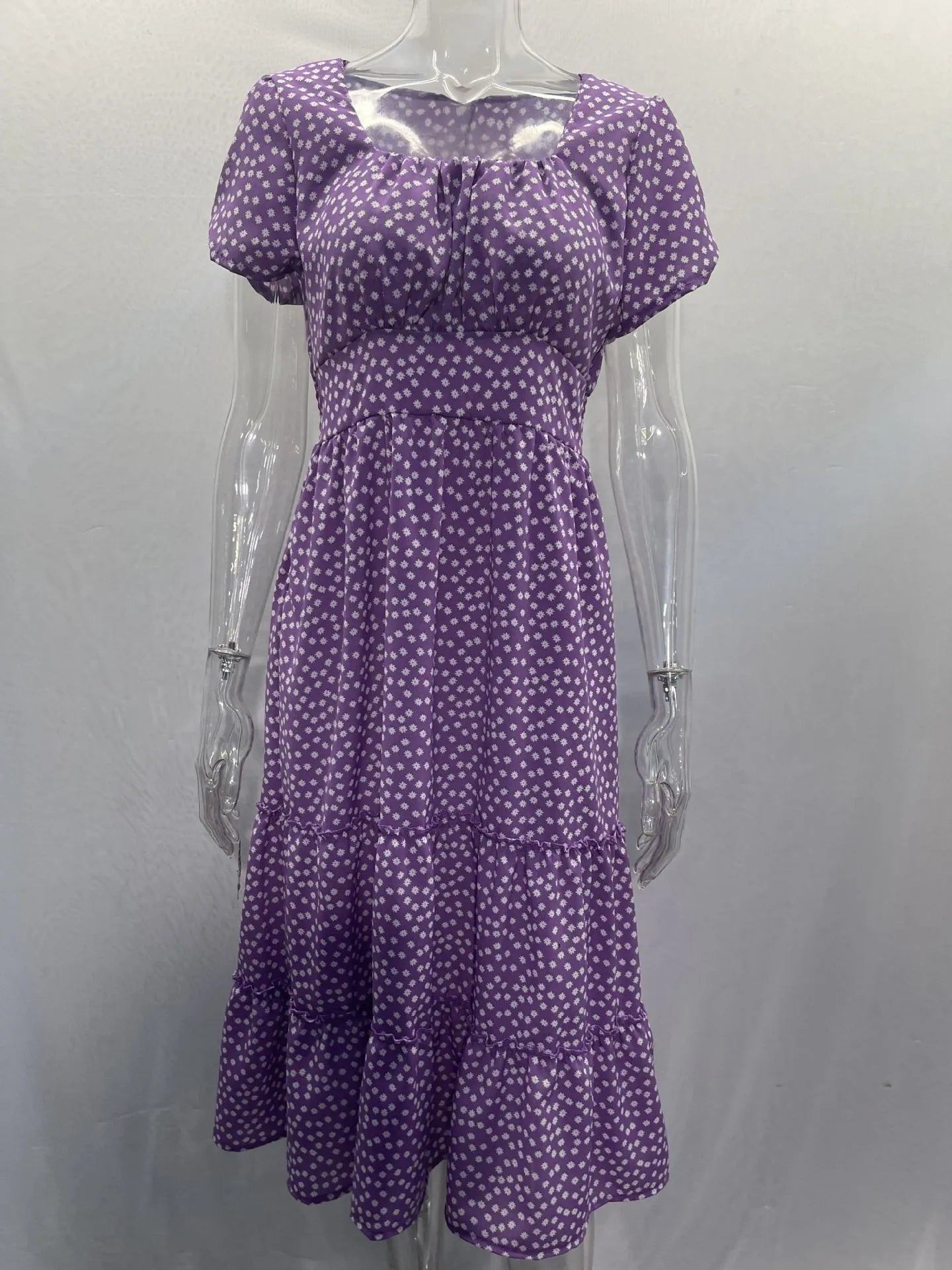 Square Collar Short Sleeve Dress Summer Puff Floral Printed Dress Long Dresses