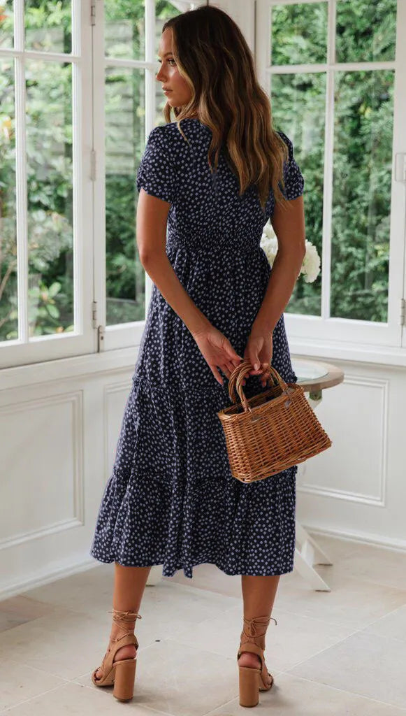 Square Collar Short Sleeve Dress Summer Puff Floral Printed Dress Long Dresses