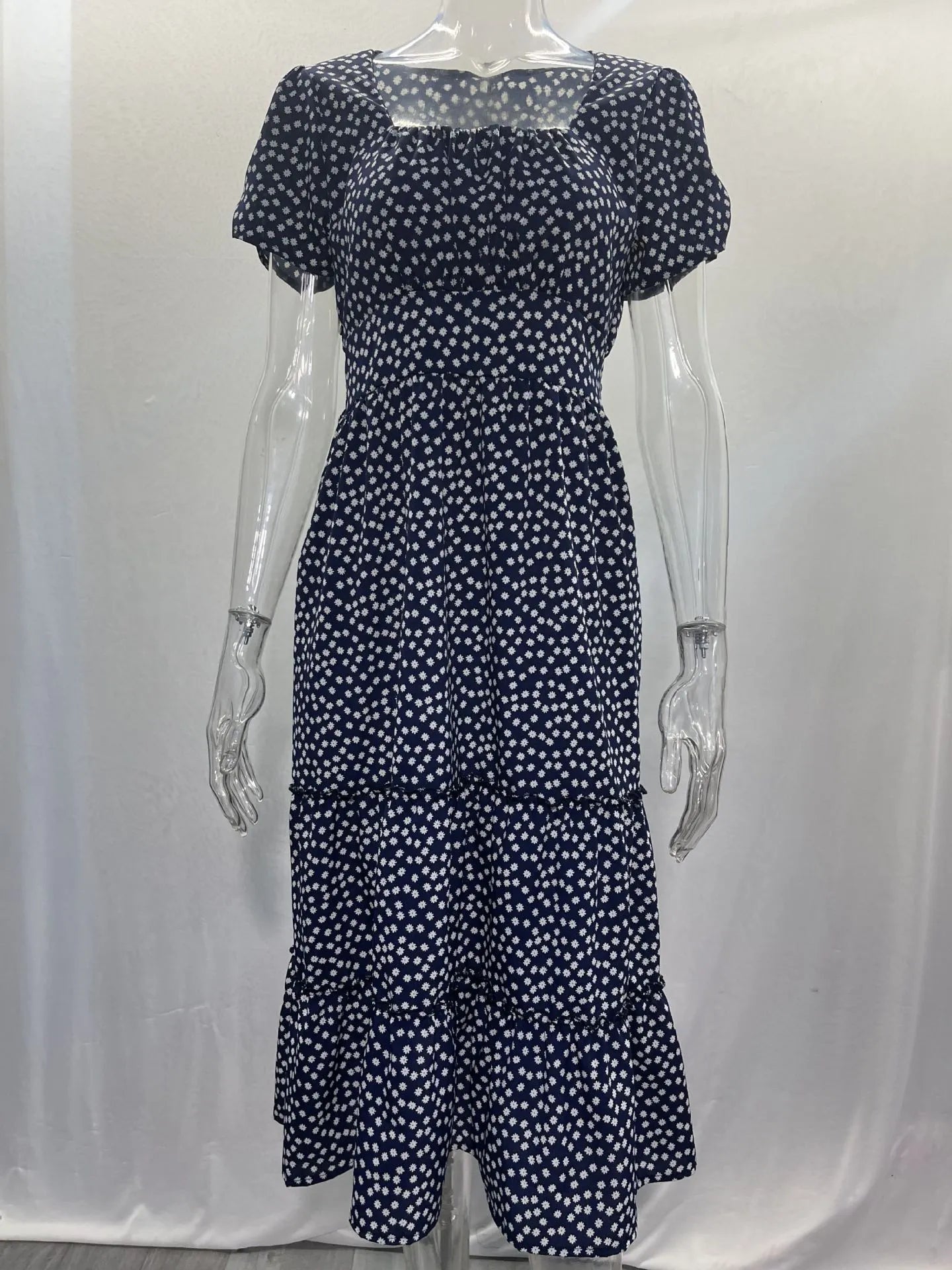 Square Collar Short Sleeve Dress Summer Puff Floral Printed Dress Long Dresses