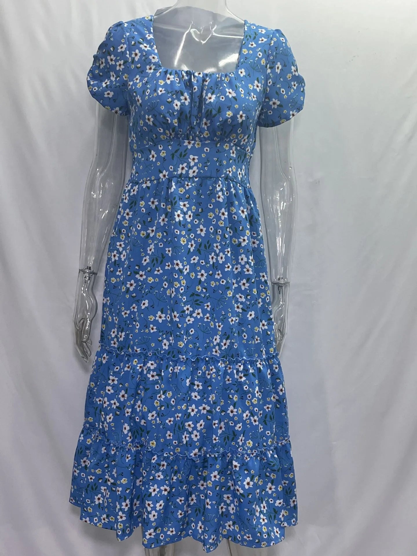 Square Collar Short Sleeve Dress Summer Puff Floral Printed Dress Long Dresses