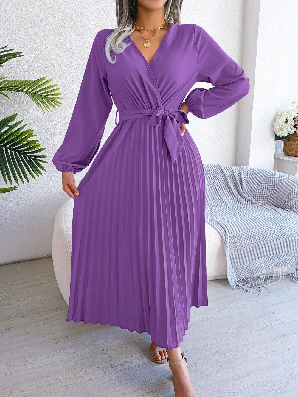Temperament Dress Bohemian Ethnic Style Cross V-neck Pleated Skirt