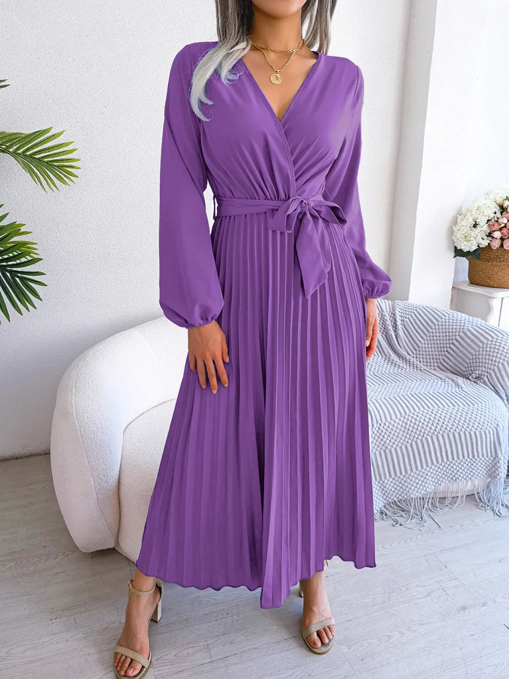 Temperament Dress Bohemian Ethnic Style Cross V-neck Pleated Skirt