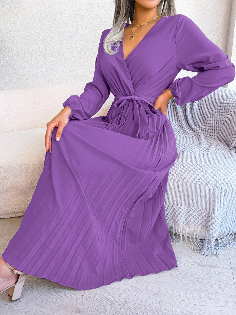 Temperament Dress Bohemian Ethnic Style Cross V-neck Pleated Skirt