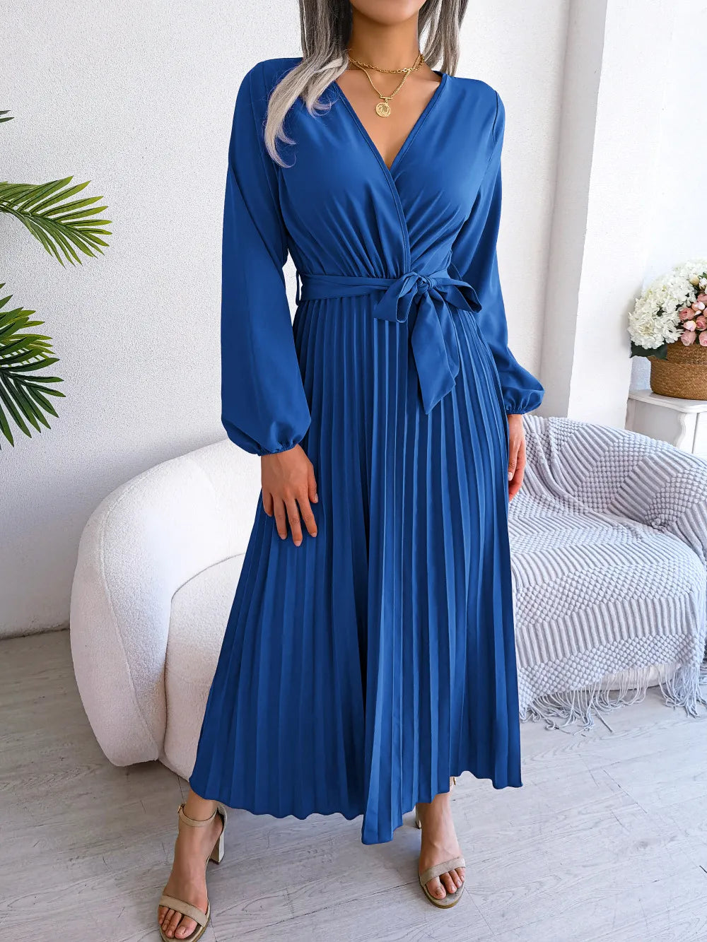 Temperament Dress Bohemian Ethnic Style Cross V-neck Pleated Skirt