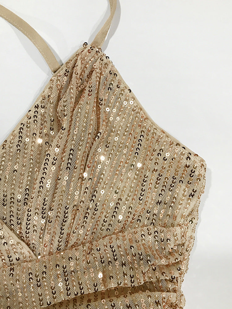 Autumn And Winter New Women's Sexy Gorgeous Sequined Dress Pleated Cross Strap Vacation Style Dress
