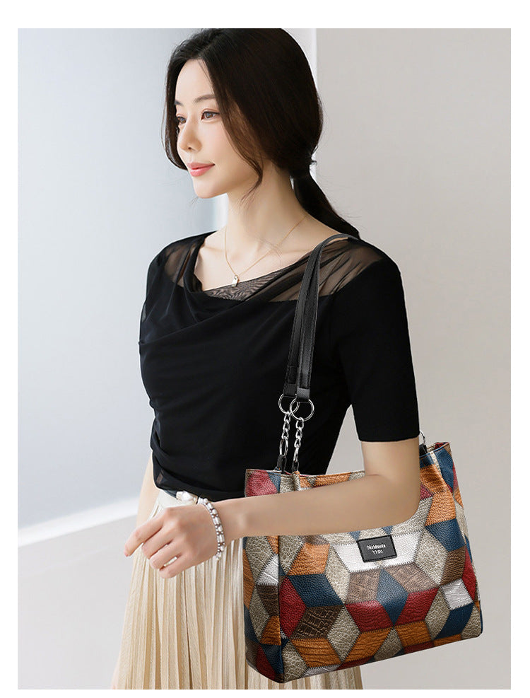 New Simple Stitching Fashion Shoulder Bag Large Capacity Totes PU Soft Texture Casual Light Trendy Handbag