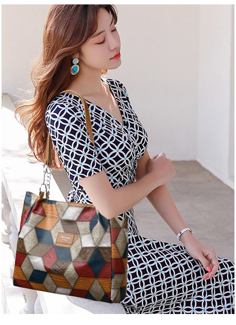 New Simple Stitching Fashion Shoulder Bag Large Capacity Totes PU Soft Texture Casual Light Trendy Handbag