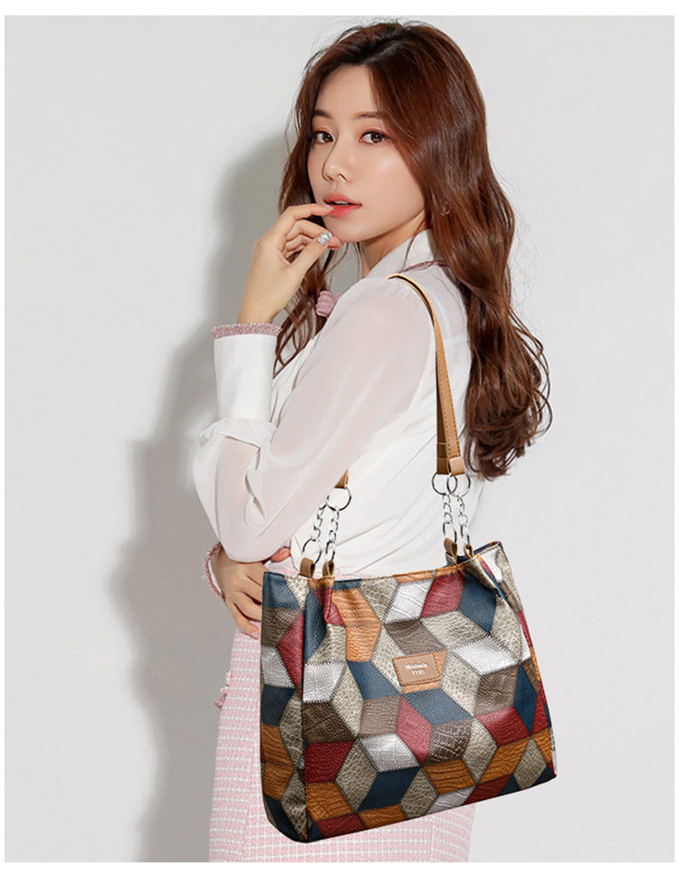 New Simple Stitching Fashion Shoulder Bag Large Capacity Totes PU Soft Texture Casual Light Trendy Handbag