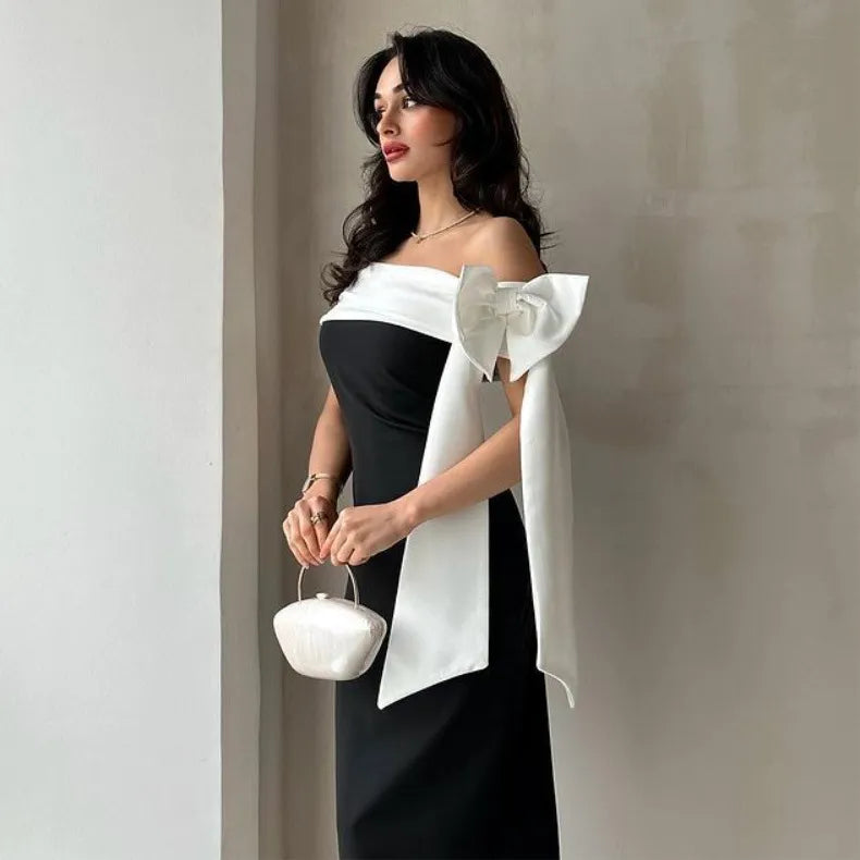 Women's Off-shoulder Bow Black And White Color Matching Elegant Cocktail Dress