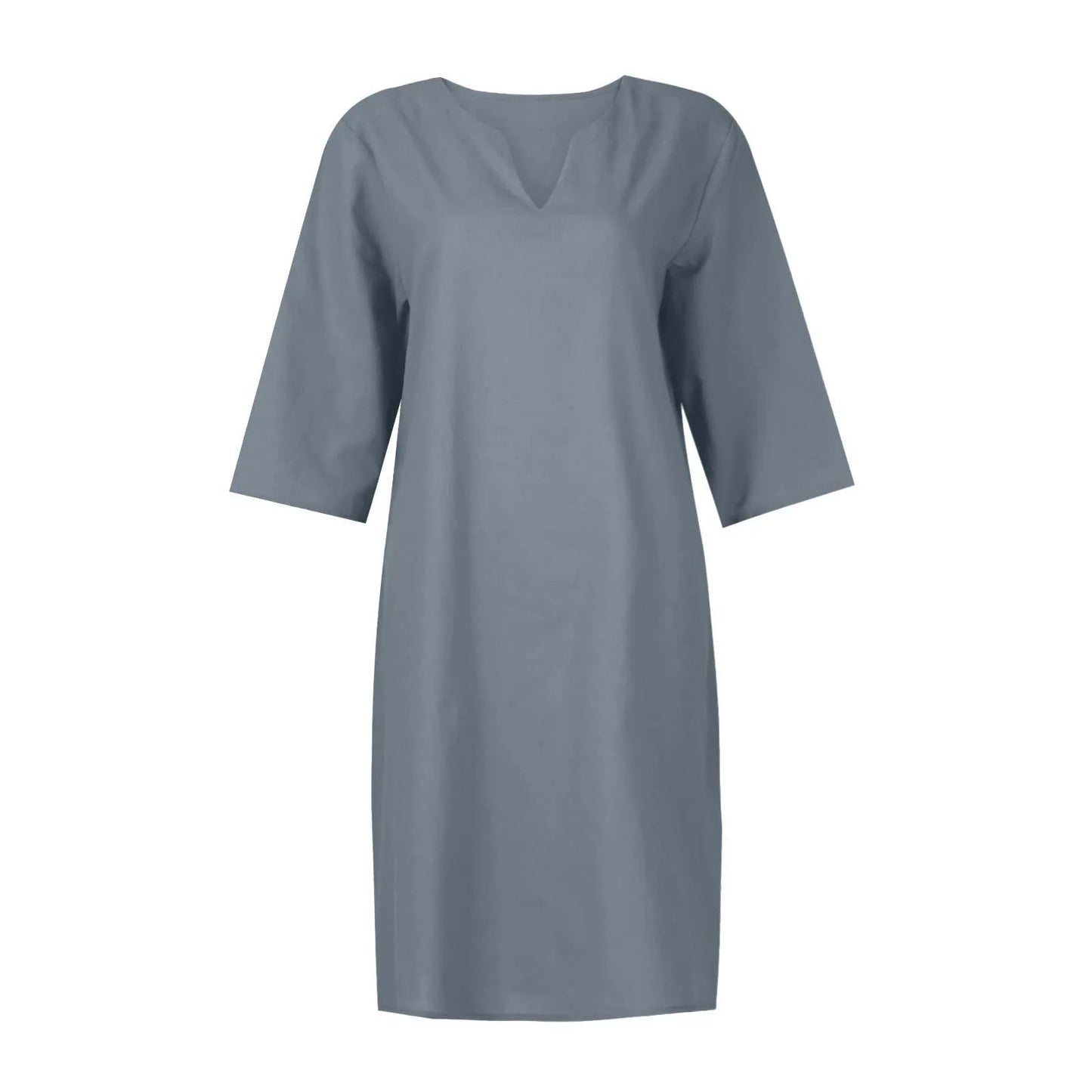 Cotton And Linen V-neck Dress Summer Stitching Retro High Waist Pure Color Dresses